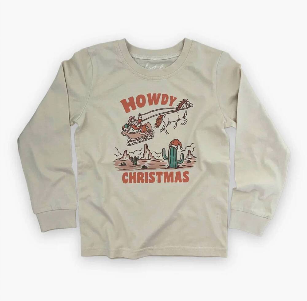 NEW VELVET FAWN kids' classic long sleeve howdy santa tee in sand